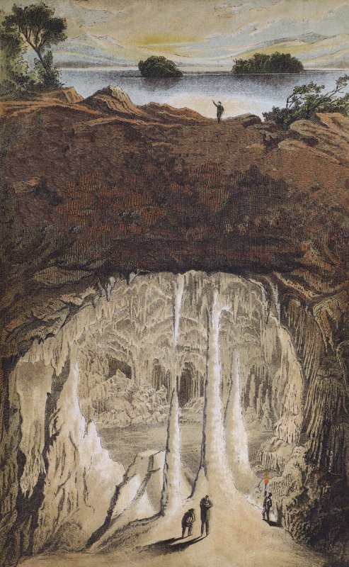 Estalactites e estalagmites em uma caverna (cor litho) de German School