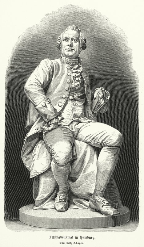 Estátua em Hamburgo por Fritz Schaper do dramaturgo e filósofo alemão Gotthold Ephraim Lessing (litho) de German School