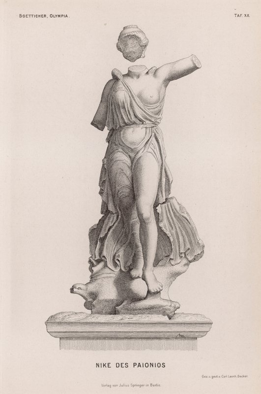Estátua de Nike, antiga deusa grega da vitória, de Paionios, escavada em Olympia, Grécia (gravura) de German School