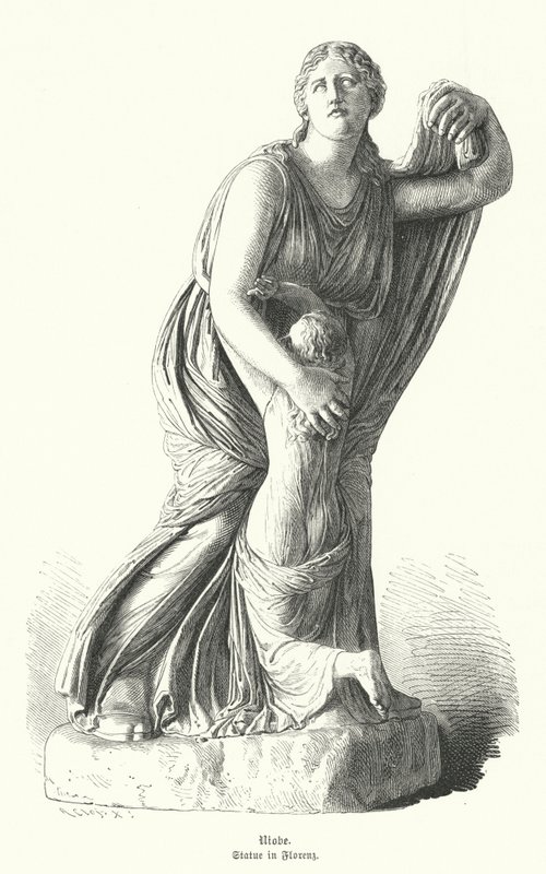 Estátua de Niobe protegendo um de seus filhos de Artemis e Apollo (gravura) de German School