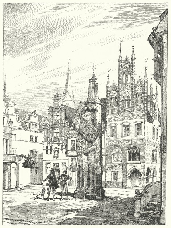Estátua de Roland erigida em 1404 de frente para a catedral de Bremen, Alemanha (gravura) de German School