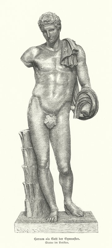 Estátua do deus grego antigo Hermes como o deus dos ginastas (gravura) de German School