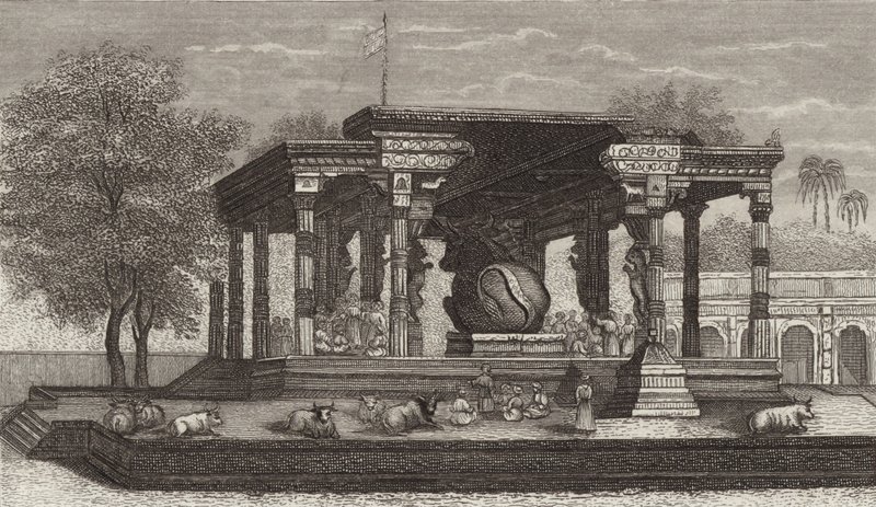 Estátua do touro sagrado Nandi em um templo hindu em Tanjore, Índia. Ilustração para Bilder-Atlas (gravura) de German School