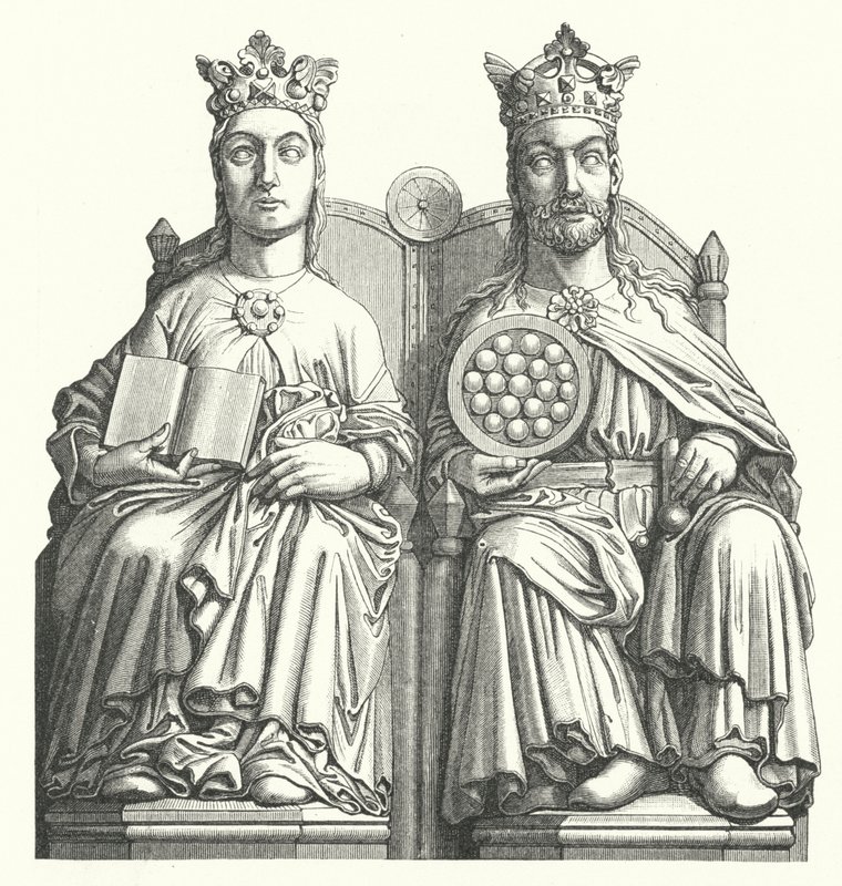 Estátuas na Catedral de Magdeburg chamadas "The Royal Couple" pensadas para retratar o Rei Otto I e sua esposa Edith da Inglaterra (gravura) de German School