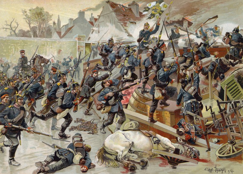 Tomada da grande barricada na entrada de Le Bourget pela Rainha Elisabeth 3º Regimento de Guardas Granadeiros, Guerra Franco-Prussiana, 30 de outubro de 1870 de German School