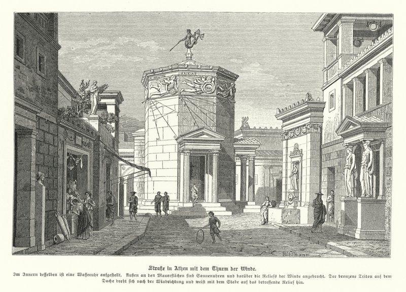 Rua e a Torre dos Ventos em Atenas, Grécia Antiga (gravura) de German School