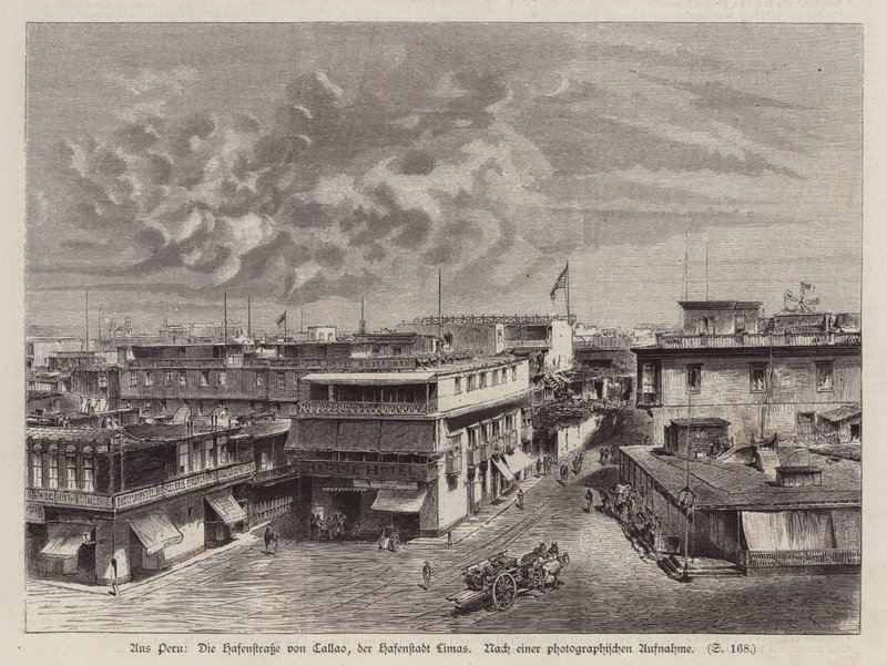 Rua que leva ao porto de Callao, porto de Lima, Peru (gravura) de German School