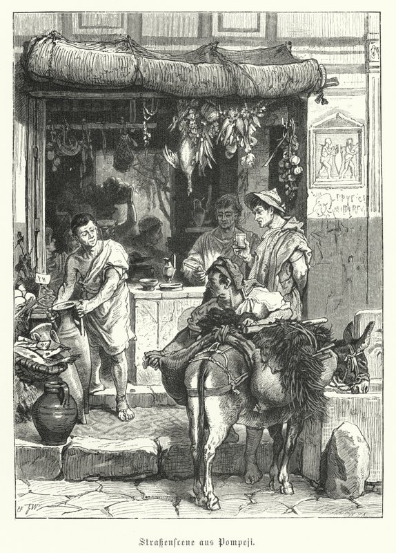Cena de rua na antiga cidade romana de Pompeia (gravura) de German School