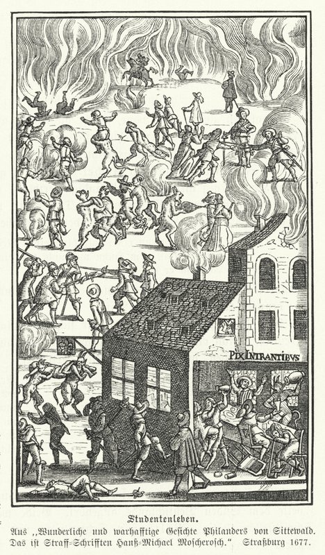 Vida estudantil: cena de Gesichte Philanders von Sittewald, de Johann Michael Moscherosch (gravura) de German School