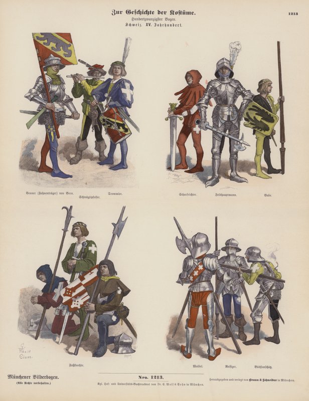 Fatos militares suíços do século XV (gravura colorida) de German School