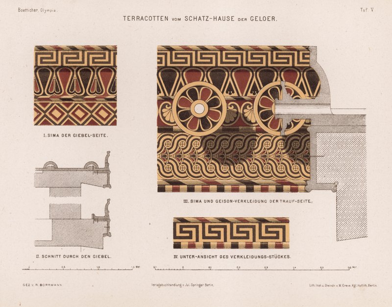 Decorações em terracota do Tesouro de Gela, Olympia, Grécia (cor litho) de German School