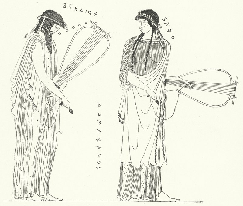 O poeta grego antigo Alcaeus e seu amante Sappho (gravura) de German School