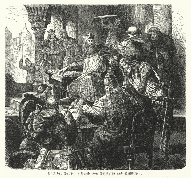 O Imperador Carlos Magno rodeado de estudiosos e membros do clero (gravura) de German School