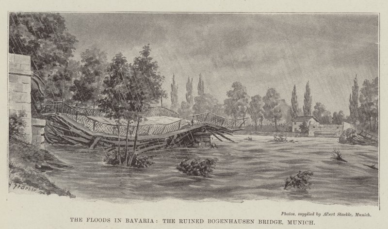 As Inundações na Baviera, a Ponte Bogenhausen em Ruínas, Munique (litho) de German School