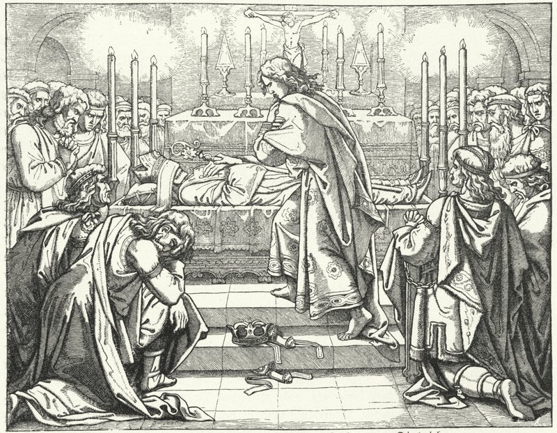 O Santo Imperador Romano Otto III no túmulo de São Adalberto de Praga (gravura) de German School