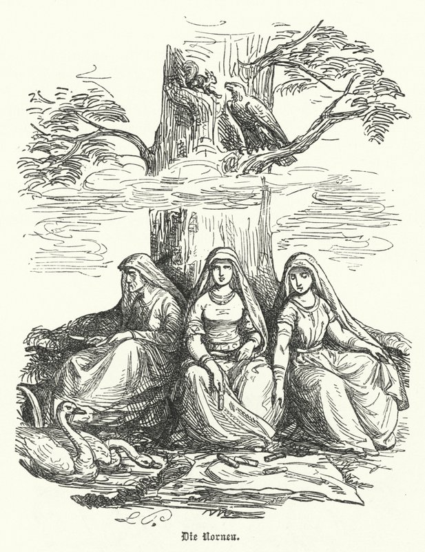 As Nornas, seres femininos da mitologia nórdica (gravura) de German School