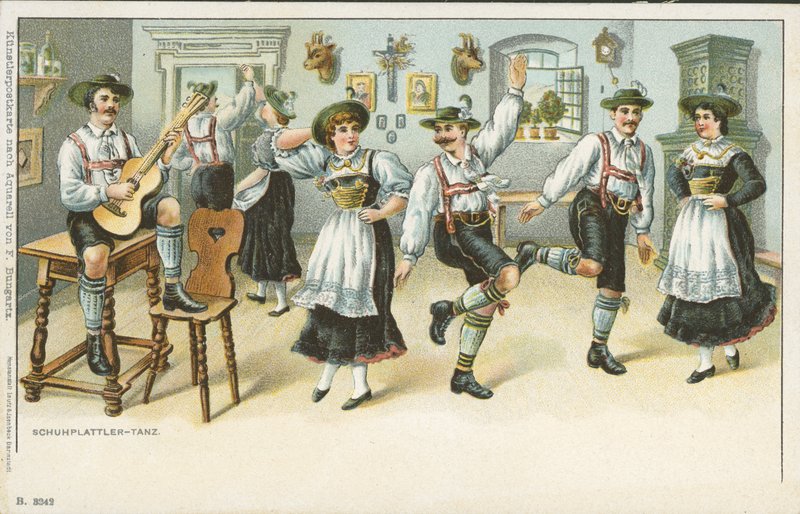 A Dança Schuhplattler (cor litho) de German School