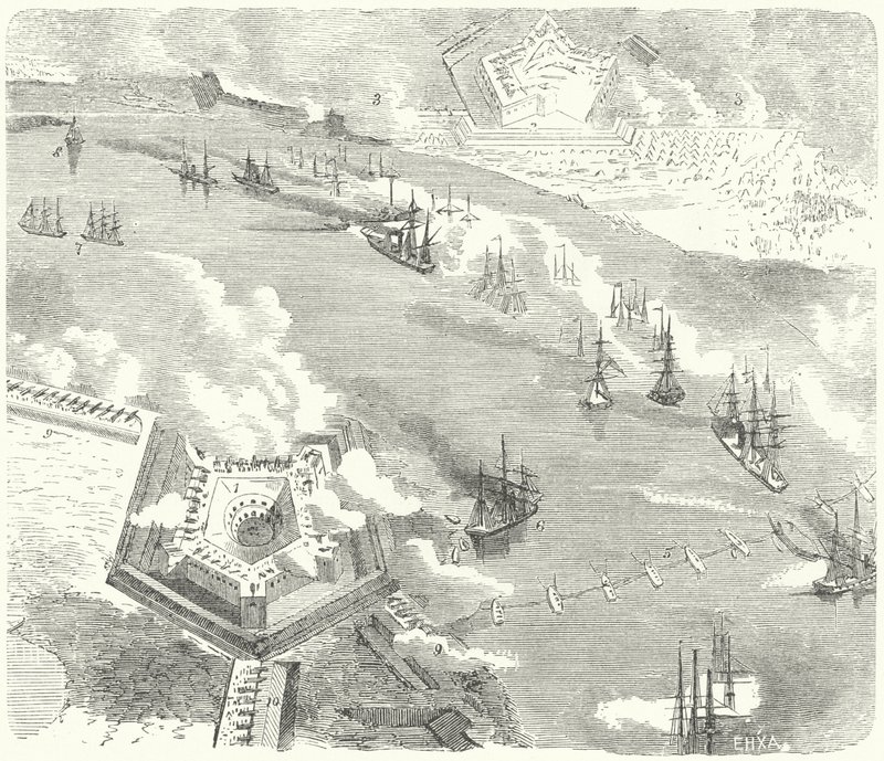 A frota da União atacando Fort Jackson e Fort St Philip, Louisiana, Guerra Civil Americana, 1862 de German School