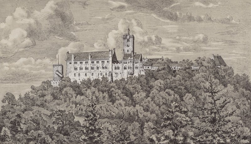 O Wartburg, castelo com vista para a cidade de Eisenach, Turíngia, Alemanha (litho) de German School