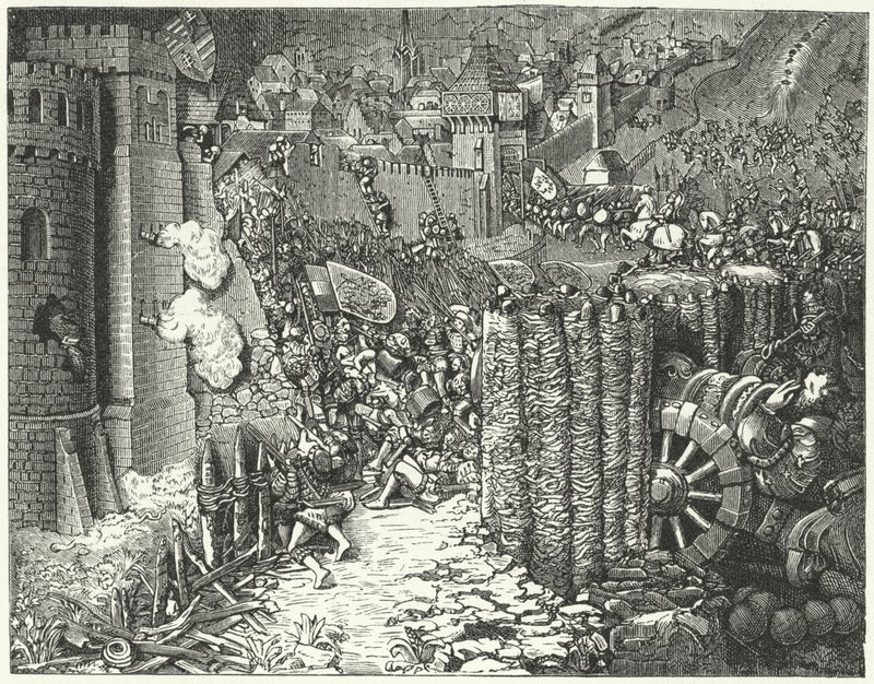 O exército do Santo Imperador Romano Maximiliano I invadindo Szekesfehervar, capital medieval do Reino da Hungria de German School