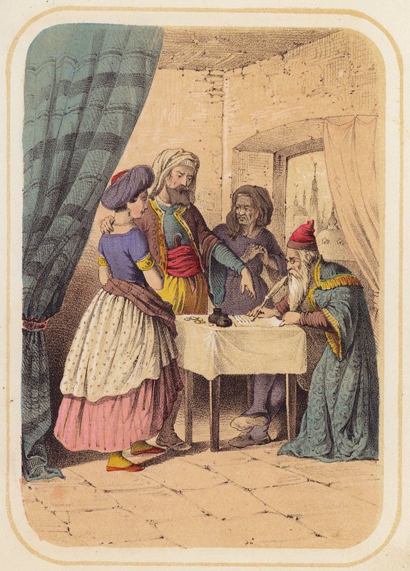 O bandido, Albondokani, em cena de As Mil e Uma Noites (lito colorido) de German School