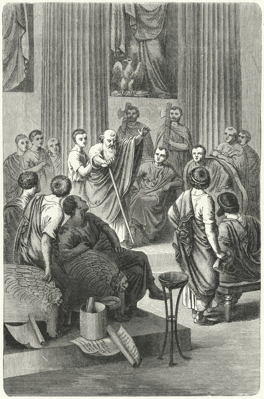O cego Appius Claudius Caecus falando no Senado Romano contra Cineas, o embaixador de Pirro de Epiris, 279 a.C. (gravura) de German School