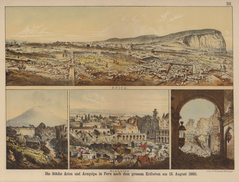 As cidades de Arica e Arequipa no Peru após o grande terremoto de 13 de agosto de 1868 (cor litho) de German School