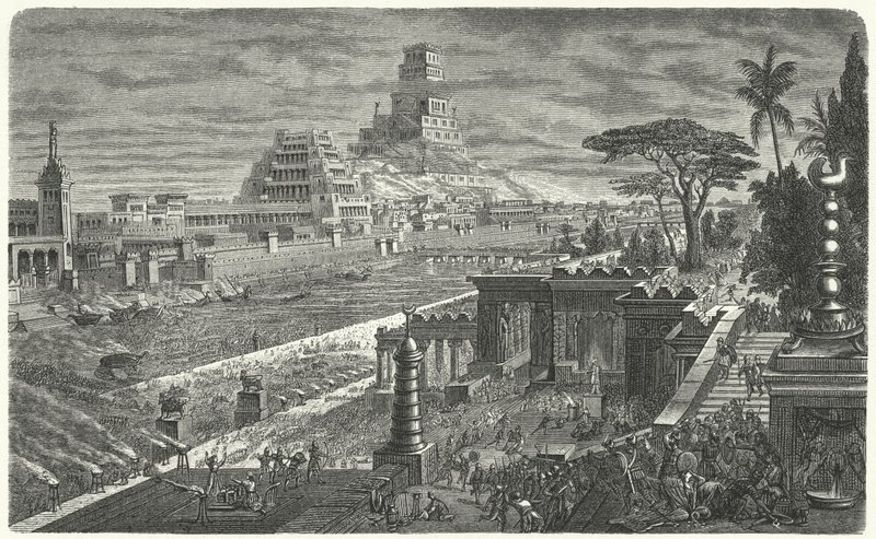 A queda da Babilônia para os persas, 540 a.C. (gravura) de German School