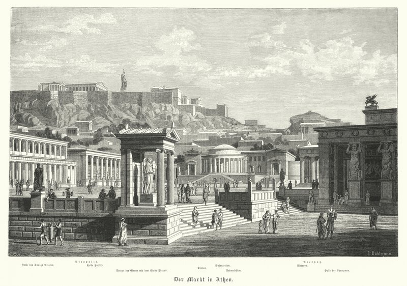 O mercado em Atenas, Grécia Antiga (gravura) de German School
