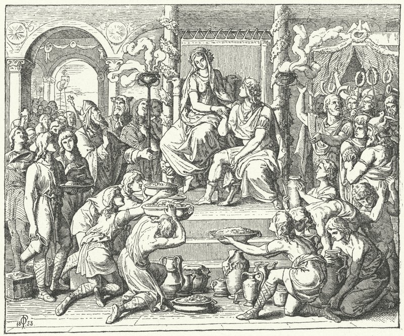O casamento de Ataulf, Rei dos Visigodos e Galla Placidia, filha do Imperador Romano Teodósio I, 414 (gravura) de German School