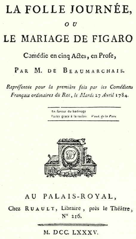 A página de título da peça O Casamento de Figaro, de Pierre Beaumarchais, representada pela primeira vez em1784 (gravura) de German School