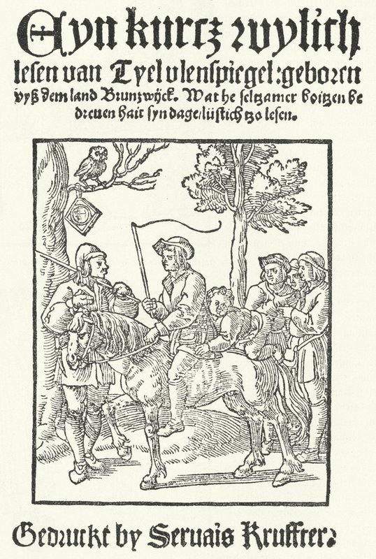 A página de título da edição mais antiga da Baixa Alemã conhecida Till Eulenspiegel, impressa por Servais Kruffter (gravura) de German School