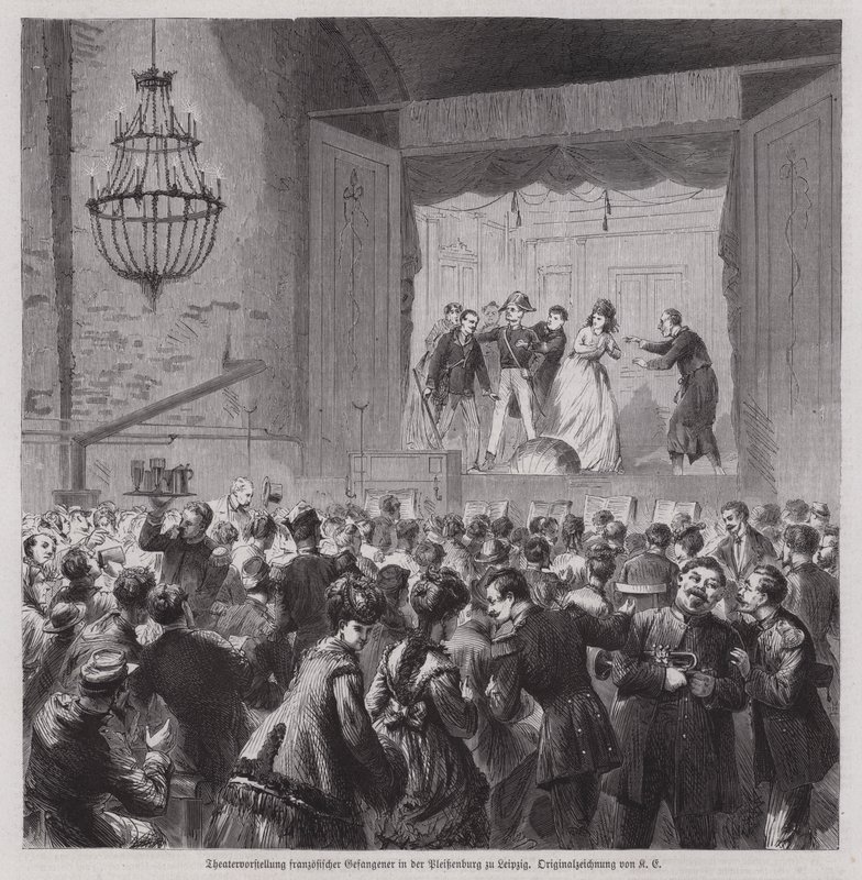 Actuação teatral de prisioneiros franceses da Guerra Franco-Prussiana em Pleissenburg, Leipzig, Alemanha (gravura) de German School
