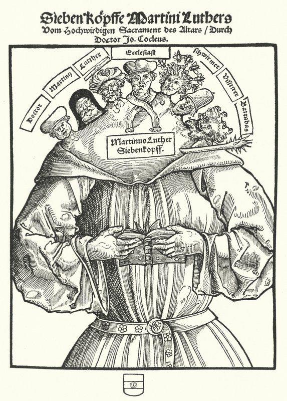 Tiitle página do panfleto As Sete Cabeças de Martinho Lutero, de Johannes Cochlaeus de German School