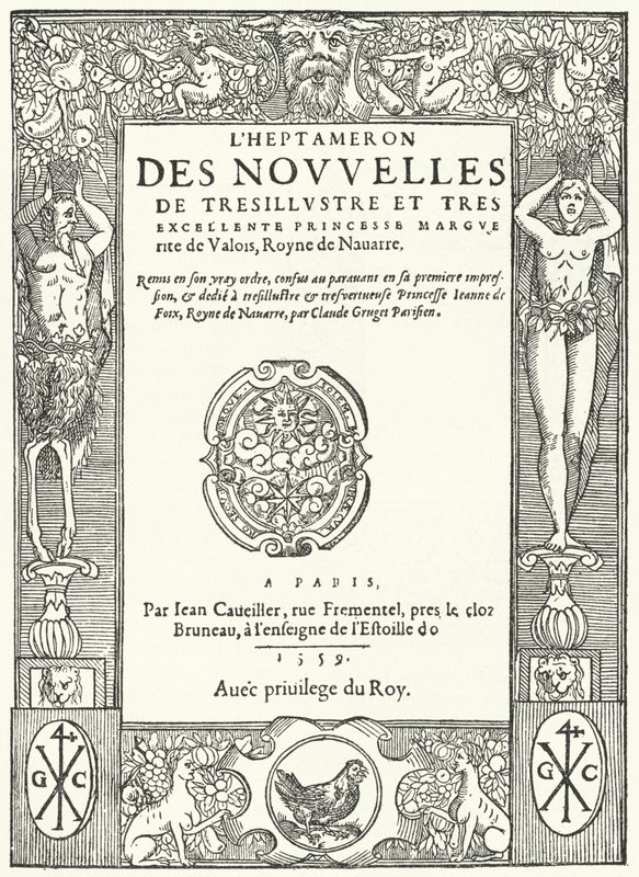 Página de título da primeira edição do The Heptameron, de Marguerite de Navarra (gravura) de German School