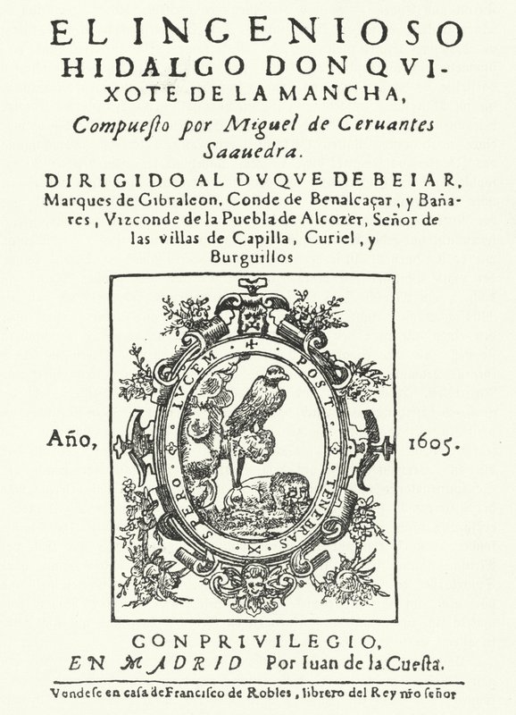 Página de título da primeira edição do romance Dom Quixote, de Miguel de Cervantes (gravura) de German School