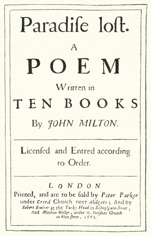 Página de título da edição original de Paradise Lost do poeta inglês John Milton, publicada em 1667 (gravura) de German School