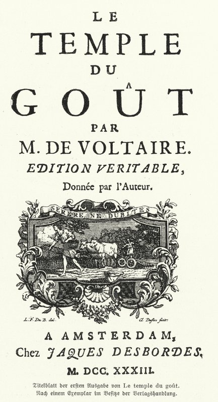 Página de título da primeira edição do escritor e filósofo francês Voltaire, Le Temple du Gout de German School