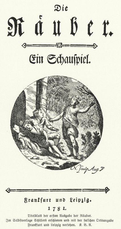 Página de título da primeira edição da peça de Friedrich Schiller Die Rauber (Os Assaltantes) de German School