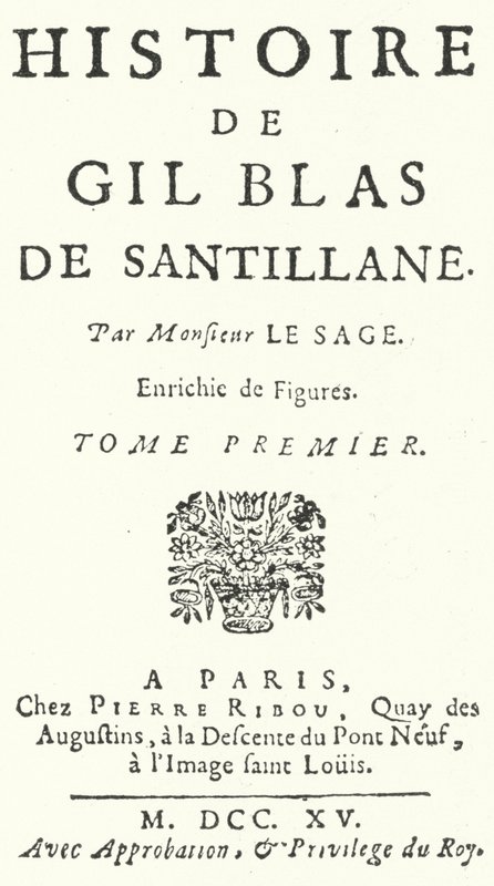 Página de título da primeira edição de Gil Blas pelo romancista e dramaturgo francês Alain-Rene Lesage, publicada em 1715 (gravura) de German School