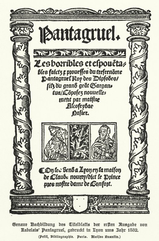 Página de título da primeira edição de Pantagruel, do autor francês François Rabelais, impressa em Lyon em 1532 (litho) de German School