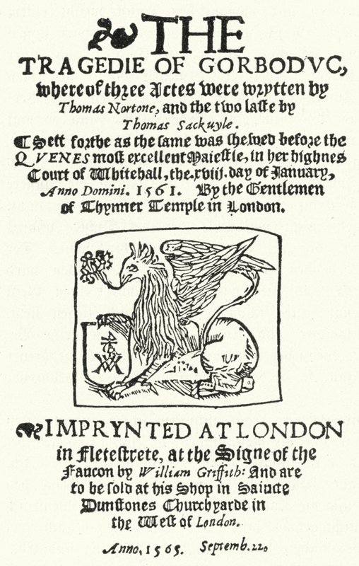 Página de título da primeira edição de The Tragedie of Gorboduc (1565), de Thomas Norton e Thomas Sackville (gravura) de German School