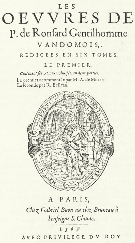Página de título do primeiro volume da rara e muito popular segunda edição da obra de Pierre de Ronsard, publicada em seis volumes pelo próprio poeta (gravura) de German School
