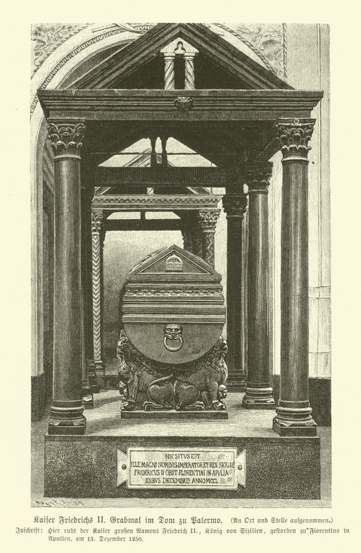 Túmulo de Frederico II, Santo Imperador Romano, na Catedral de Palermo, Sicília (gravura) de German School