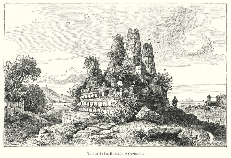Túmulo dos Horatii e Curiatii, guerreiros da antiga lenda romana (litho) de German School