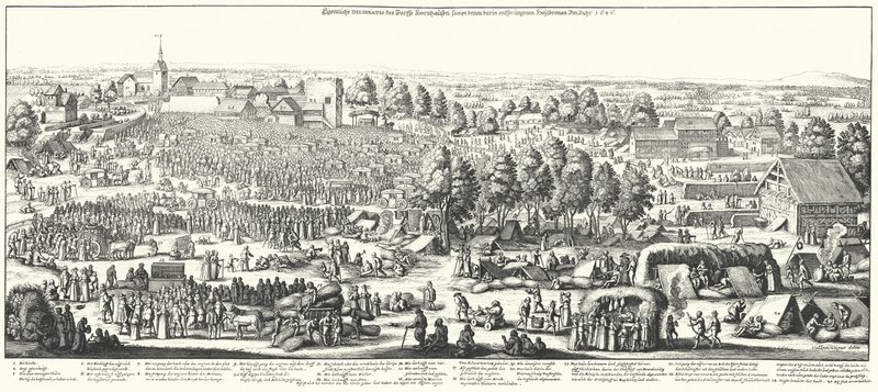 Viajantes que visitam as fontes de cura na aldeia de Hornhausen,1646 (gravura) de German School