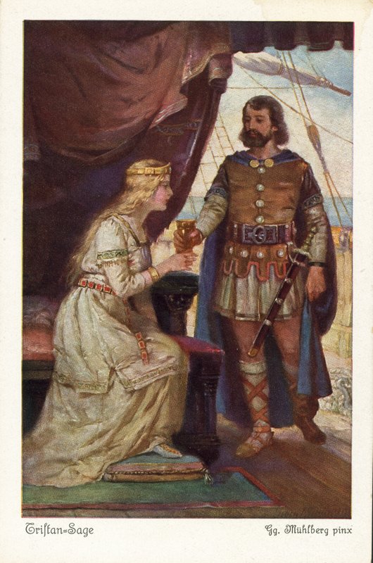 Tristan hands Isolde a poção do amor (cor litho) de German School