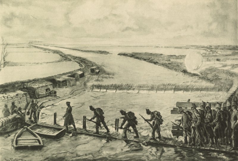 Tropas dos fuzileiros entrando em posição, caminhando sobre o rio Yser de German School