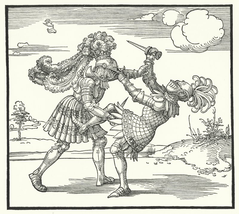 Dois cavaleiros lutando a pé (gravura) de German School