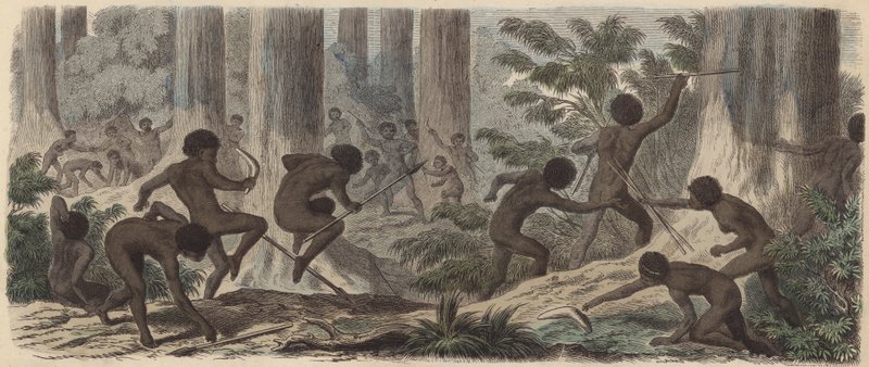 Duas tribos de aborígenes australianos lutam (gravura colorida) de German School